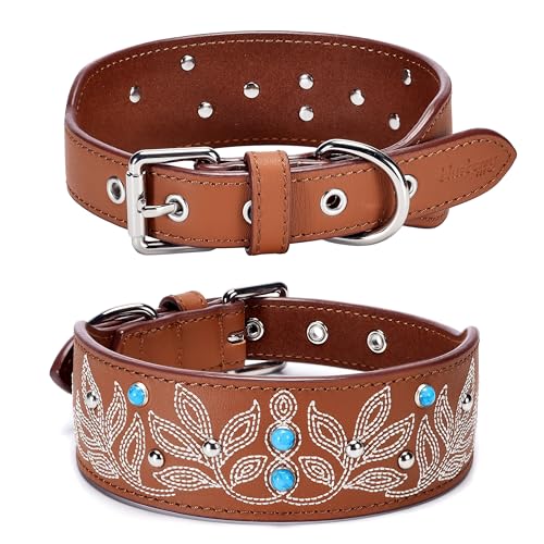 Blueberry Pet Genuine Leather Dog Collar - Western-Inspired Brown Leather Dog Collar for Large Dogs with Floral Embroidery & Turquoise Studs, 18-22 Inch Adjustable & Durable for City Pet Owners - color: Canyon Brown, size: Large