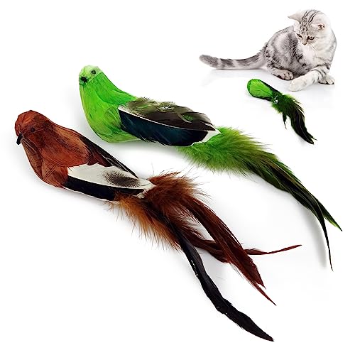 TTcat 2 Pcs Real Feather Cat Bird Toys Realistic Simulation Bird Cat Toys with Bells for Indoor Cats Kittens.