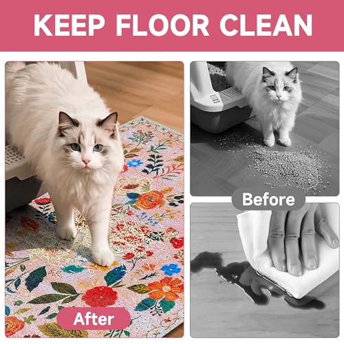 Cat Litter Mat, 24" x 16" Litter Box mat, Upgrade Non-Slip Kitty Litter mat, Traps 100% Litter, Soft on Kitty Paws, Easy Clean for Scatter Control, Bohe cat Food mat, Urine Waterproof - color: Pink Garden, size: Small（24"x16"）