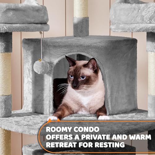 Yaheetech | 68.5in Cat Tree | for Large Cats | Multi-Level Cat Tower with 3 Wide Perches, Large Condo | Stable Pet Play House w/Sisal-Covered Scratching Posts & Board | Light Gray - color: Light Gray, size: 68.5in