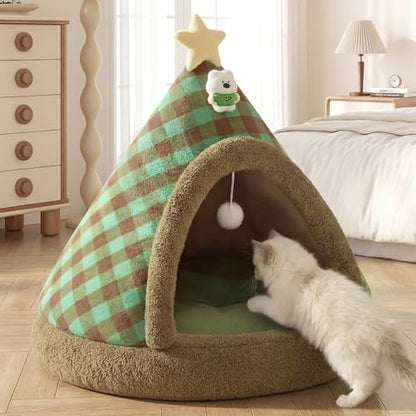 Jiupety Cat Tents for Indoor Cats,Cat House with Removable Washable Cushioned,2-in-1 Cat Cave Tent with Anti-Slip Bottom Ultra-Soft Pet Tent for Cats and Small Dogs,Green 23.6In - size: Large