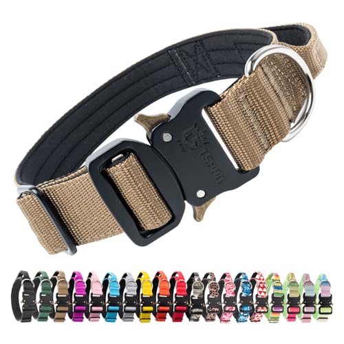 TSPRO Premium Dog Collars Tactical Dog Collar with Handle and Heavy Duty Quick-Release Metal Buckle Durable Thick and Adjustable for Medium to Large Dogs (Khaki M) - color: Basic Khaki, size: Handle-Equipped M (14.5"-18" Adjustable)