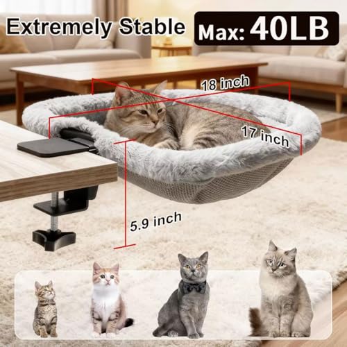 Cat Desk Bed-Extra-Large Clamp & Sunken Hammock Design,Soft Faux Rabbit Fur Material,One-Click Folding,Suitable for Various Desktops, Holds Up to 40lbs(Gray