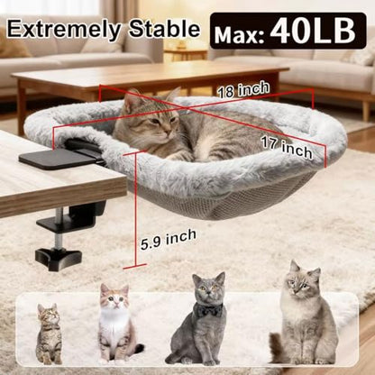 Cat Desk Bed-Extra-Large Clamp & Sunken Hammock Design,Soft Faux Rabbit Fur Material,One-Click Folding,Suitable for Various Desktops, Holds Up to 40lbs(Gray