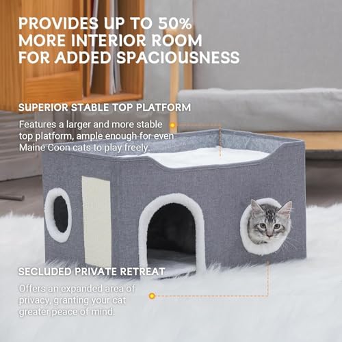 Cat House for Indoor Cats – Foldable Cat Cave & Covered Cat Bed, Cozy Hideaway for Small Pets and Large Cats (23.6"x16"x12.8"),Grey - style: Grey