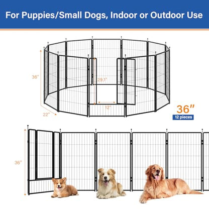 Dog Playpen 36 inch 12 Panels for Indoor & Outdoor Use – Heavy-Duty Metal Pet Fence with Ground Stakes, Rounded Ball Tops for Safety, Stable & Foldable Design, Easy to Assemble - size: 36inch, style: 12 Panels