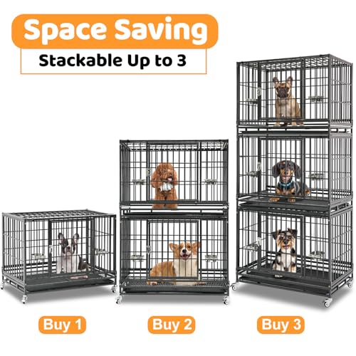 Homey Pet 37 Inch Heavy Duty Dog Crate for Medium Dogs, Stackable Dog Cage with Four Lockable Wheels, Removable Tray & Grid, Open Top, Escape Proof Dog Kennel Indoor - size: 37"L