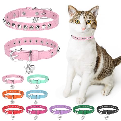 Leather Cat Collars for Boy Girl Cats with Bell and Safety Elastic Belt, Personalized Rivets Stud Adjustable Safe Buckle Collar with Skull Charm for Kitty Small Pets, Halloween Cat Collar - color: Light Pink_Studded, size: 8"-12" Cats / Mini Dogs(Pack of