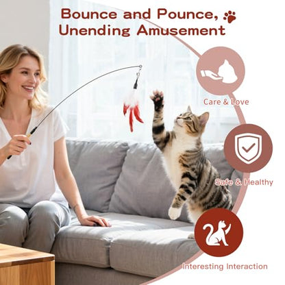 Pawaboo Feather Teaser Cat Toy - Interactive Wand with Extra Long 34.5" Wand and Small Bell, Exerciser Playing Toy for Kittens or Cats, Wine Red & White Feather - color: Wine Red & White