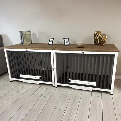 Aivituvin Dog Crate Furniture Foldable Side End Table Expandable Solid Wood Dog Kennel with 360° Rotatable Dog Bowls Indoor Cage, No Assembly Needed (Double Crate)