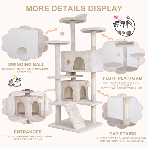 Go Pet Club 70'' Tall Multi-Level Cat Tree with Scratching Post, Condo, Platform, Tower for Indoor Medium Cats - color: Beige