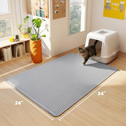 Large Cat Litter Box Mat for Cats, Double Layer Honeycomb Cat Litter Trapping Mats, Waterproof, Urine Proof,Non-Slip Litter Pad for Indoor Kitty Cat Litter Mat, Easy to Clean Grey (33.8'' x 23.6'') - size: 33.8'' x 23.6''
