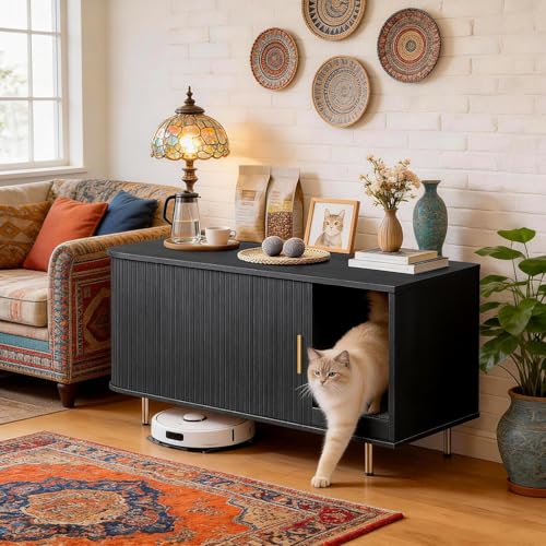 DHH Cat Litter Box Enclosure with Scratch Pad, Sliding Door, 38.5" Cat Litter Furniture Hidden Litter Box Cabinet, Modern Indoor Cat House, TV Stand, Side End Table for Living Room(Black) - color: Black