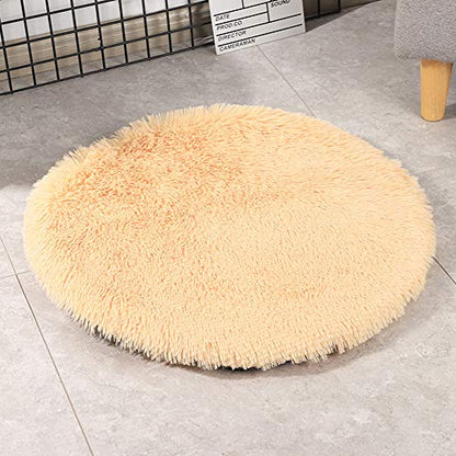 16 Inch Plush Dog Bed Mat Warm Fluffy Round Puppy Crate Pad with Anti-Slip Waterproof Bottom Soft Comfy Pet Kennel Mat for Small and Medium Dogs Sleeping(Beige) - color: Beige, size: 16 Inch