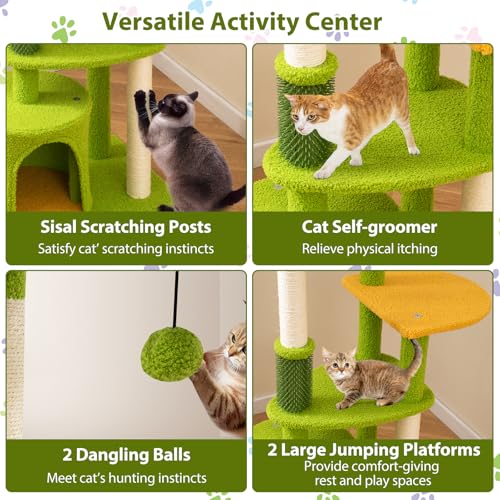 PETSITE Palm Cute Cat Tree, 48 Inches Tall with Sisal Scratching Posts, Condo, Dangling Ball, and Self Groomer, Ideal for Indoor Small & Medium Cats (19 x 16 x 48 inches) - size: 19 x 16 x 48 inches
