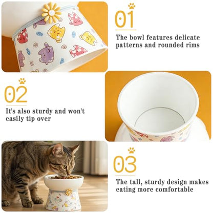Elevated Ceramic Cat Bowls, 15°Raised Cat Food Bowl, Whisker Friendly Anti Vomiting Cats Dishes, Anti Vomiting & Protect Pet's Spine, Feeder Dish for Indoor Kitty and Small Dogs (Cat Pattern) - color: Cat pattern