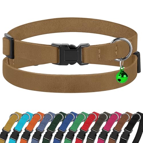 Breakaway Cat Collar Leather with Removable Bell - 13 Colors Available - Soft Adjustable Girl Boy Safety Lightweight Pet Kitten Collars Pink Brown Blue Green Red Orange Black (Brown) - color: Brown