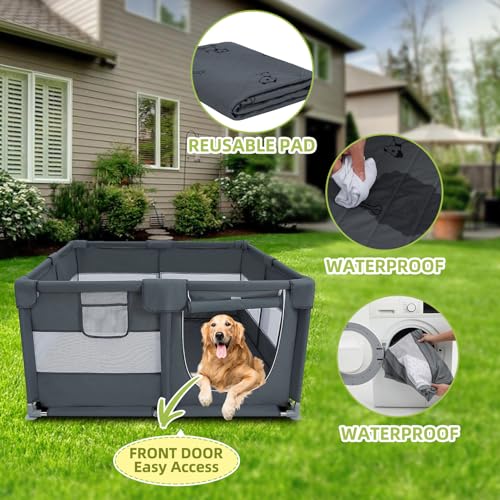 Dog Playpen Oxford Fabric Dog Fence with Washable Pee Pads,50 x 50 x 26 Inches,Steel Pipe,Breathable Mesh, Zipper Gate, Portable Indoor Outdoor Pet Fence Cage for Whelping,Dog Kennel Crate, Grey
