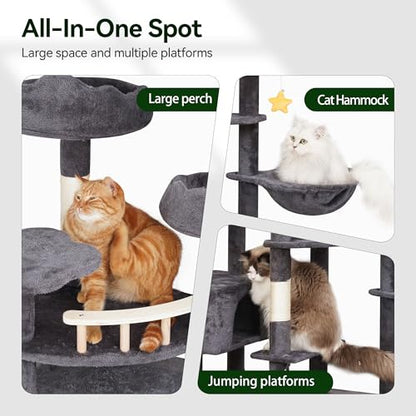 Meecal 79in Giant Cat Tree for Heavy Duty Big Cats, Large Cat Trees with Scratching Post, Cat Tree Tower with Cat Condos, Hammock & Plush Perch for Maine Coon, Smoky Gray - color: Smoky Gray