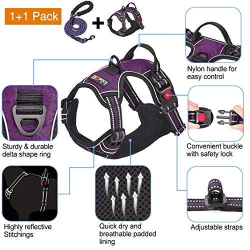 tobeDRI No Pull Dog Harness Adjustable Reflective Oxford Easy Control Medium Large Dog Harness with A Free Heavy Duty 5ft Dog Leash - color: Purple Harness+Leash, size: Medium