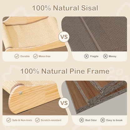 3 in 1 Cat Scratcher Bed, 100% Sisal Comfy Chaise Lounge for Cats to Rest & Scratch & Play, Protects Furniture, Durable Cat Scratching Board to Relieve Stress - Wood Color