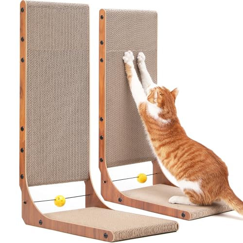 FUKUMARU Cat Scratcher, 26.8 Inch Cat Scratch Pad for Indoor Cats, L Shaped Cardboard Vertical Cats Scratching Board with Ball Toy, Walnut Color, 2 Packs - size: 2 Pack 26.8 in Walnut Color