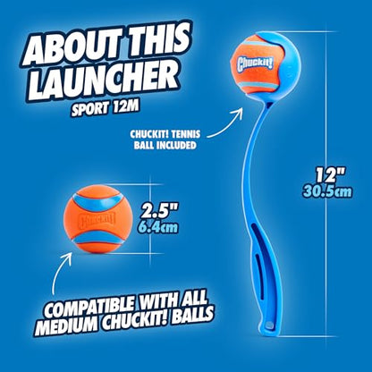 Chuckit! Dog Ball Launcher 12M Sport with 12" Handle Length for Medium 2.5" Dog Balls For Dogs 20-60 lb, Plastic Pet Fetch Ball Thrower, Perfect for Kids, Made in USA, Blue - size: 12in, style: Sport