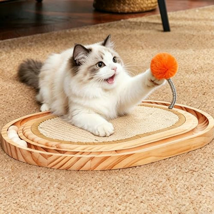 Cat Scratch Pad with Ball Track and Spring Toy, Wooden Cat Scratcher with Sisal Scratching Mat, Ball Track System and 3 Replacement Toy for Cats Scratching,Chasing and Playing (Nature Wood)