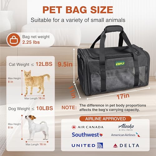 Airline Approved Cat and Small Dog Carrier 17"x11"x9.5"– Soft-Sided, Foldable Under-Seat Travel Bag for Pets up to 12 lbs, Top-Loading, Scratch-Resistant Mesh, Black - color: Black, size: 17x11x9.5 In