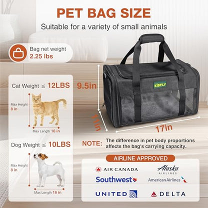 Airline Approved Cat and Small Dog Carrier 17"x11"x9.5"– Soft-Sided, Foldable Under-Seat Travel Bag for Pets up to 12 lbs, Top-Loading, Scratch-Resistant Mesh, Black - color: Black, size: 17x11x9.5 In