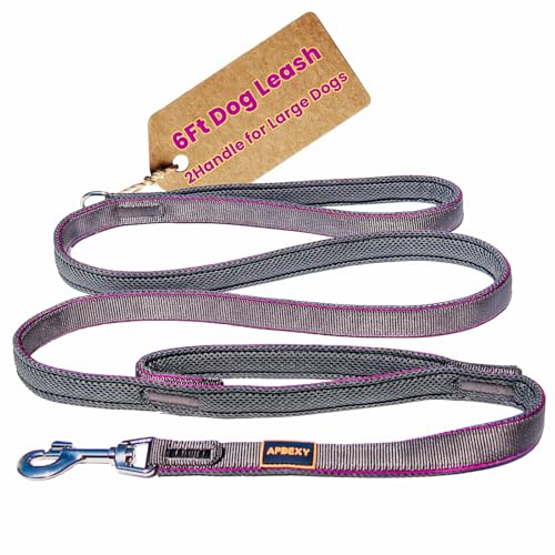 Heavy Duty Leash for Large Dogs that Pull, Two Handle Dog Leash, Three-Layer Sandwich Mesh-Lined Nylon Webbing, Sturdy Metal Zinc Hook, 6FT Long, Large Medium Dogs (Purple/Grey, 1'' X 6ft.) - color: Purple/Grey, size: 1'' X 6ft.