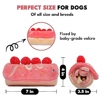 CHEWFFON Dog Birthday Cake Toy - Interactive Snuffle Roll Cake Puzzle for Enrichment, Squeaky & Crinkle Puppy Gift for Boredom & Mental Stimulation, Indoor Brain Game for Small Medium Dogs - style: Strawberry Roll Cake
