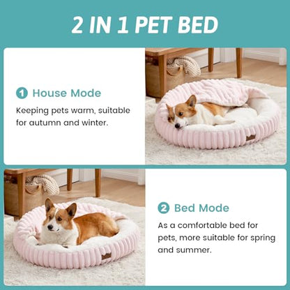 Small Dog Bed with Hooded Blanket, Round Fluffy Anti-Anxiety Pet Bed for Small Dogs & Medium Dogs, Cozy Donut Cuddler with Machine Washable Faux Fur & Anti-Slip Bottom(26"×26"×7",Pink) - color: Pink, size: 26"×26"×7"