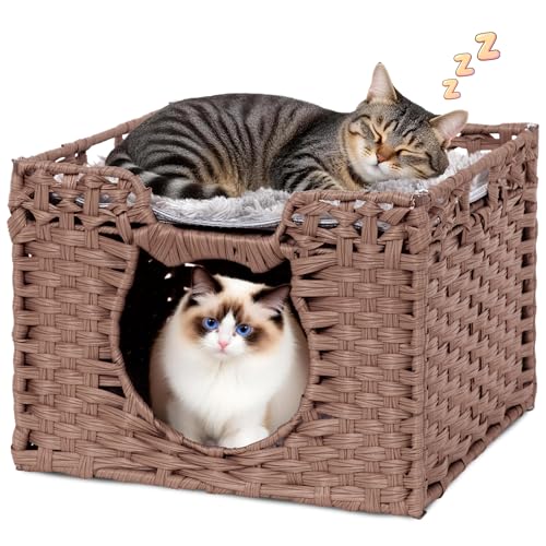 Handwoven Rattan Cat House w/ 2 Cushions, Wicker Cat Bed Indoor Kitten House, Waterproof & Foldable Pet Cube Bed, Brown, 16.5”L x 16.5”W x 12.6”H - color: Brown