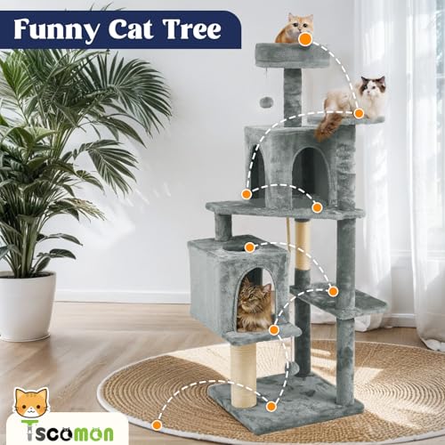 58.5inch Large Cat Tree Tower Condo for Indoor Cats, Soft Plush Multi-Level Climbing Tree Cat House, Scratching Post, More Entrance/Exit, Sisal Rope, Grey - color: Grey