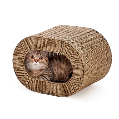 Cat House,Handwoven Cat Cave Pet Cube, Rattan Cat Beds Indoor Kitten House with Double-Sided Soft Cushions, Pet Cat House for Multiple Cats, for Living Room Bedroom - color: Rattan, size: 20.7inch*14.5*14.5