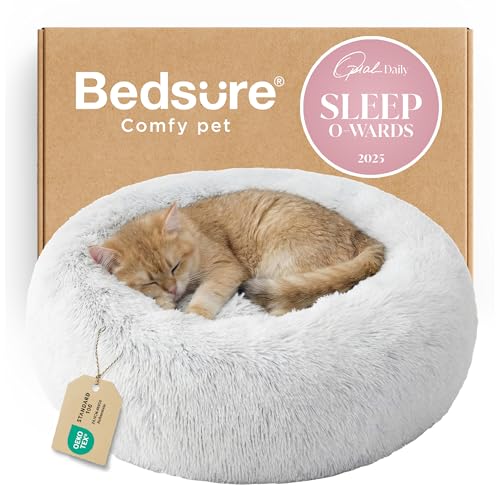 Bedsure Calming Cat Beds for Indoor Cats - Small Cat Bed Washable 20 inches, Anti-Slip Round Fluffy Plush Faux Fur Pet Bed, Fits up to 15 lbs Pets, Frost Grey - color: Frost Grey, size: 20"L x 20"W x 6"Th