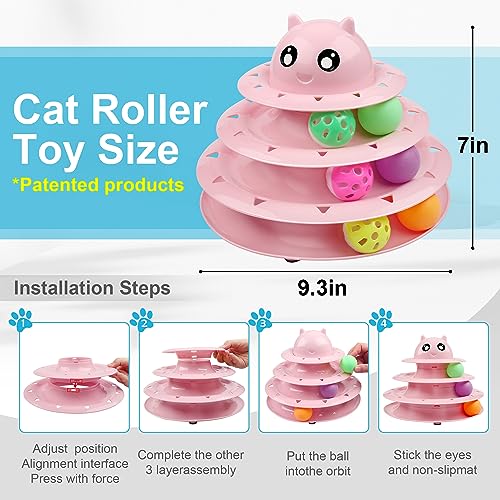 UPSKY 24 PCS Cat Toys, 3-Level Turntable Kitten Toys Set, Interactive Cat Roller Toys for Indoor Cats, Catnip Toys, Cat Teaser Toys, Mice Toys, Spring Toys, Various Ball Toys for Kitty - color: D-24PCS-Pink