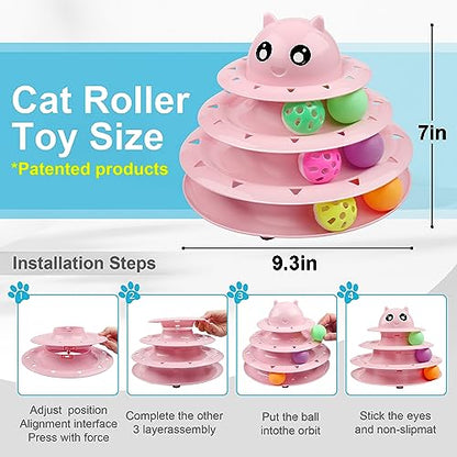 UPSKY 24 PCS Cat Toys, 3-Level Turntable Kitten Toys Set, Interactive Cat Roller Toys for Indoor Cats, Catnip Toys, Cat Teaser Toys, Mice Toys, Spring Toys, Various Ball Toys for Kitty - color: D-24PCS-Pink