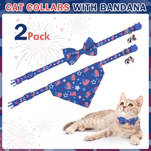 SCENEREAL Independence Cat Collar with Bells, 2 Pack Breakaway Cat Collars with Removable Bowtie Bandana, Adjustable Cute Kitten Collar for Pet Small Dogs Boys Girls - color: Bandanas & Bow (Independence Day - Dark Blue)
