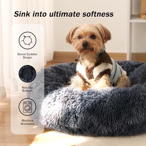 Calming Donut Dog Bed for Small to Medium Dogs & Cats - Plush Faux Fur Anti-Anxiety Pet Bed with Machine Washable Cover & Non-Slip Base - color: Bandhnu Dark Grey, size: X-Small 15.7''