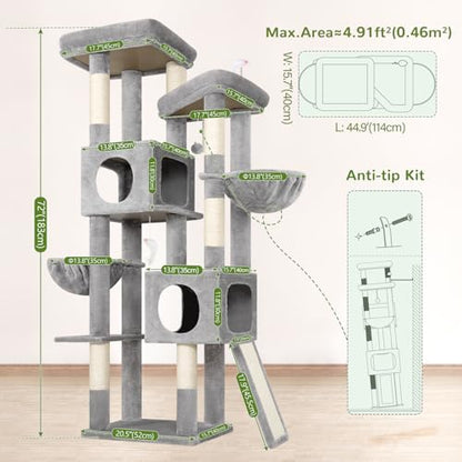 Globlazer 72in Heavy Duty Cat Tree Tower for Large Adult Cats, Multi-Level Cat Condo Stand with 2 Cozy Baskets & 6 Sisal Scratching Posts, S72E, Light Grey - color: Light Grey