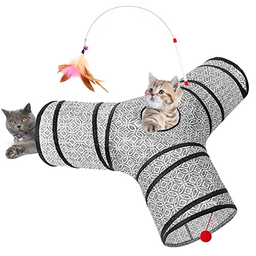 Tempcore 3 Way Collapsible Cat Tunnel for Indoor Cats, Pet Tunnel Bored Toys with Peek Hole & Ball for Puppy, Kitty, Kitten, Rabbit, Grey-Coin - color: 3-Way Grey-Coin, size: 3-way
