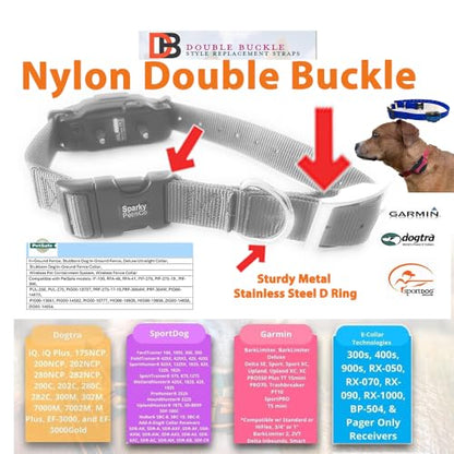 Sparky Pet Co - ECollar Replacement Strap - Easy Release Double Buckle Dog Collar - Rugged Nylon - Adjustable - D Ring - Quick Release Metal Clasp - for Invisible Fence Systems - 1" x 28"- Grey - color: Grey, size: 1" Wide