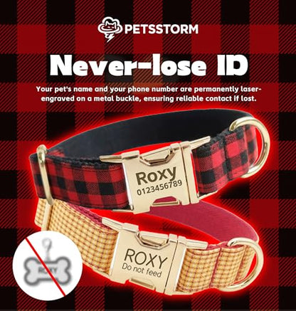 Personalized Polyester Dog Collar with Laser-Engraved Name and Phone Number, Plaid Pattern Theme Customizable Collar with Metal Quick Release Buckle for Small Medium Large Dogs - color: Multicolor Plaid