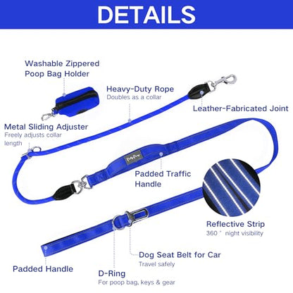 6FT Heavy Duty Dog Leash for Small Medium Large Dogs, Tangle Free Reflective Dog Training Leash with Double Handle, Seat Belt Buckle & Poop Bag Holder (Navy Blue) - color: Navy Blue, size: 6FT