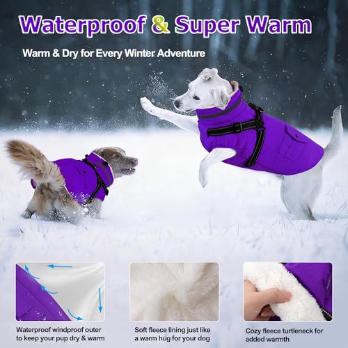 Dog Coat with Harness, Waterproof Warm Dog Winter Jacket with Pockets, Reflective Pet Fleece Jacket Turtleneck Snowsuit for Small Medium Large Dogs - Purple, 2XL - color: Purple, size: XX-Large( Chest:35.4" Back:23.6" Neck:23.6")