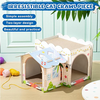 Lineshading 2 Story Cardboard Cat House with Scratcher Pad, Multi Level Durable Cat Scratcher House for Small Kitten Bunny Rabbit Animals Christmas Birthday Gift(17x12x10,Beach) - style: Beach