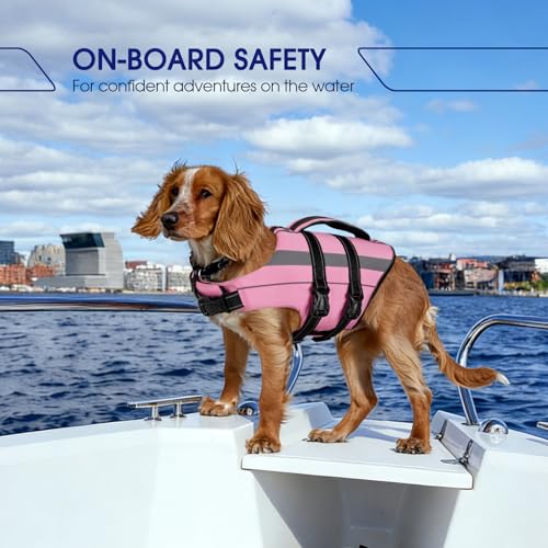 FUAMEY Dog Life Jacket Reflective, Dogs Life Vest with D-Rings & Handle, Adjustable Dog Lifejacket, Dogs Life Preserver Swimming Boating, Pink, L - color: Hot Pink, size: Large
