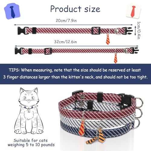 3 Pcs Kitten Collar, Stripes Cat Collars Breakaway Kitten Collar Adjustable 7.8-11.8 in Cat Collars Sets Quick Release with Small Neckties for Girl Boy Cats Classic Cotton Stripe